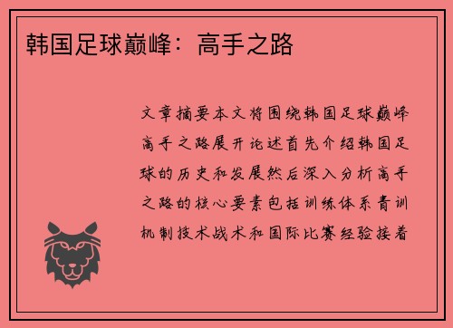 韩国足球巅峰：高手之路