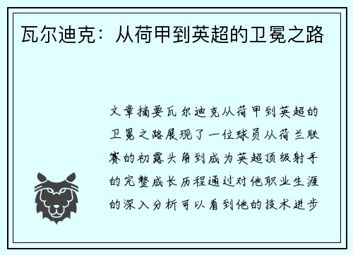 瓦尔迪克：从荷甲到英超的卫冕之路